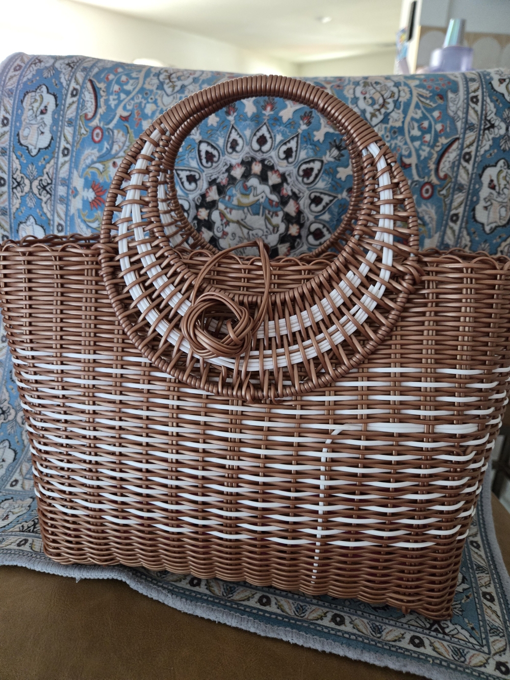 Boho Woven Crescent Moon Handle Tote Bag Brown White Pink